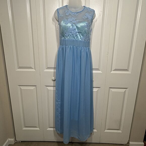 Sleeveless Blue Satin Lace Maxi Dress Womens M Prom Bridesmaid Formal Elegant - Picture 2 of 10